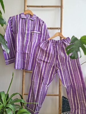 Cotton Pyjama Sleep Set in Purple Stripe - Image 2