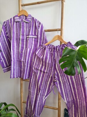 Cotton Pyjama Sleep Set in Purple Stripe - Image 3