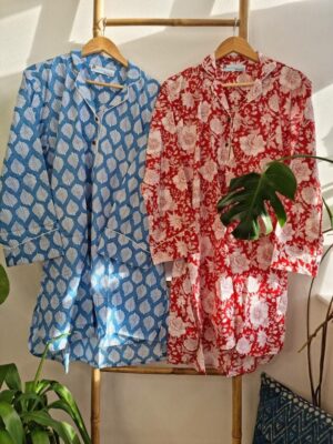 Night Shirt Luxury Soft Cotton Indian Hand Block Blue White Botanical Leaves Lounge Sleepwear Nightdress Girls Pyjama Party Bridesmaid Hens - Image 2