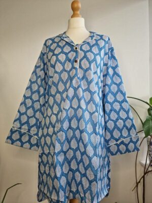 Night Shirt Luxury Soft Cotton Indian Hand Block Blue White Botanical Leaves Lounge Sleepwear Nightdress Girls Pyjama Party Bridesmaid Hens - Image 6
