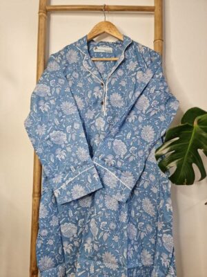 Night Shirt Luxury Soft Cotton Indian Hand Block Blue White Botanical Floral Lounge Sleepwear Nightdress Girls Pyjama Party Bridesmaid Hens - Image 2