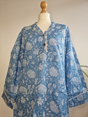 Night Shirt Luxury Soft Cotton Indian Hand Block Blue White Botanical Floral Lounge Sleepwear Nightdress Girls Pyjama Party Bridesmaid Hens - Image 6