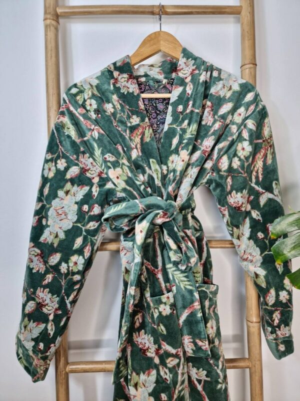 Velvet Unisex Kimono/ Jacket Reversible in Royal Green and white