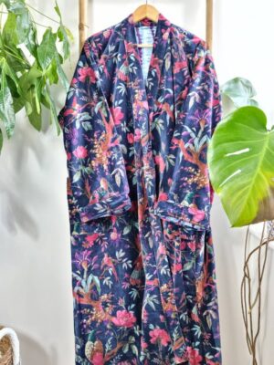 Velvet Unisex Kimono in Navy Blue Exotic Bird - Image 2