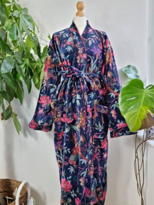Velvet Unisex Kimono in Navy Blue Exotic Bird - Image 5
