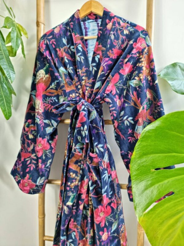 Velvet Unisex Kimono in Navy Blue Exotic Bird