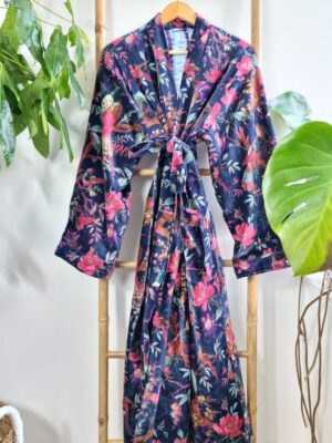 Velvet Unisex Kimono in Navy Blue Exotic Bird - Image 6