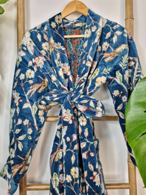 Elegant Velvet Unisex Kimono Jacket Reversible in Teal Blue