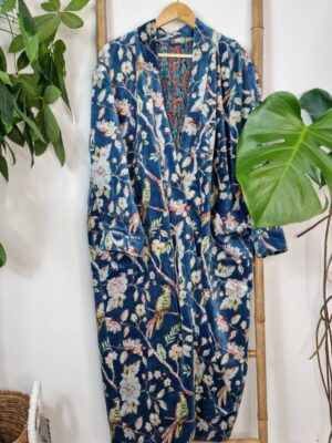 Elegant Velvet Unisex Kimono Jacket Reversible in Teal Blue - Image 2
