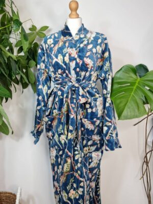 Elegant Velvet Unisex Kimono Jacket Reversible in Teal Blue - Image 3
