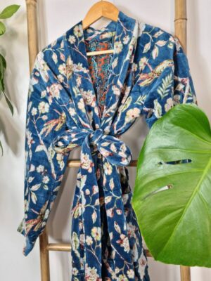 Elegant Velvet Unisex Kimono Jacket Reversible in Teal Blue - Image 5