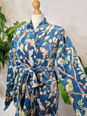 Elegant Velvet Unisex Kimono Jacket Reversible in Teal Blue - Image 9