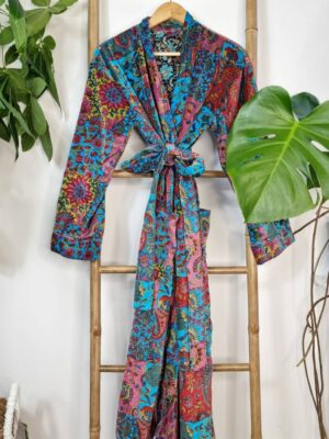Luxury Velvet Unisex Kimono Jacket Reversible in Royal Turquoise Red Patchwork - Image 2