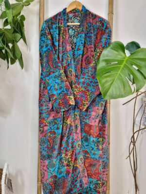 Luxury Velvet Unisex Kimono Jacket Reversible in Royal Turquoise Red Patchwork - Image 3