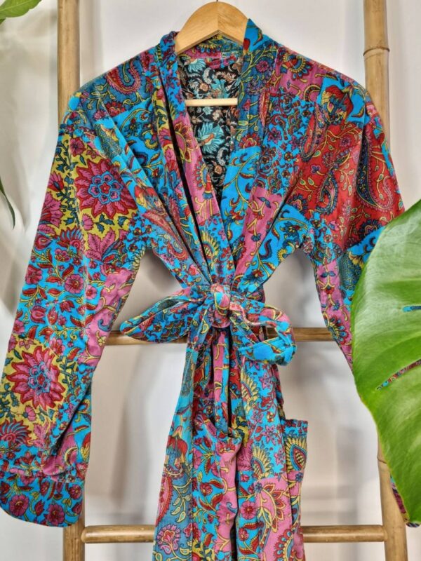 Luxury Velvet Unisex Kimono Jacket Reversible in Royal Turquoise Red Patchwork