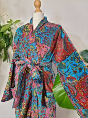 Luxury Velvet Unisex Kimono Jacket Reversible in Royal Turquoise Red Patchwork - Image 4