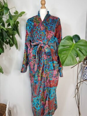 Luxury Velvet Unisex Kimono Jacket Reversible in Royal Turquoise Red Patchwork - Image 5