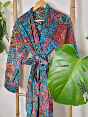 Luxury Velvet Unisex Kimono Jacket Reversible in Royal Turquoise Red Patchwork - Image 6
