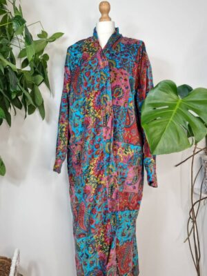 Luxury Velvet Unisex Kimono Jacket Reversible in Royal Turquoise Red Patchwork - Image 8