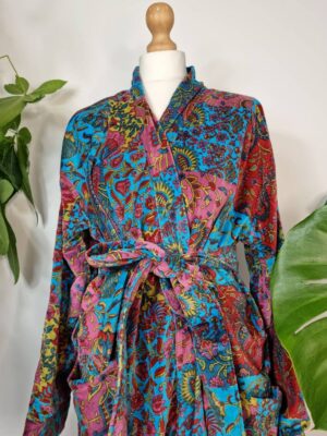 Luxury Velvet Unisex Kimono Jacket Reversible in Royal Turquoise Red Patchwork - Image 9