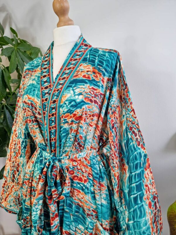 New Silk Sari Kimono in shade Aqua Ocean Green Orange