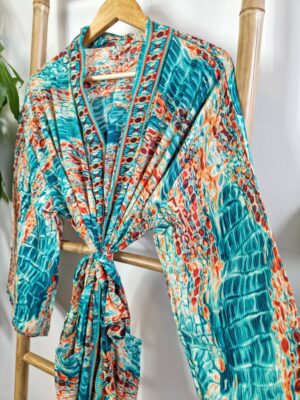 New Silk Sari Kimono in shade Aqua Ocean Green Orange - Image 10