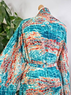 New Silk Sari Kimono in shade Aqua Ocean Green Orange - Image 2