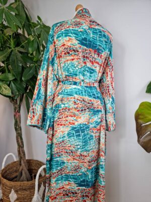 New Silk Sari Kimono in shade Aqua Ocean Green Orange - Image 3