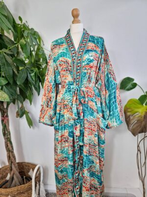 New Silk Sari Kimono in shade Aqua Ocean Green Orange - Image 4