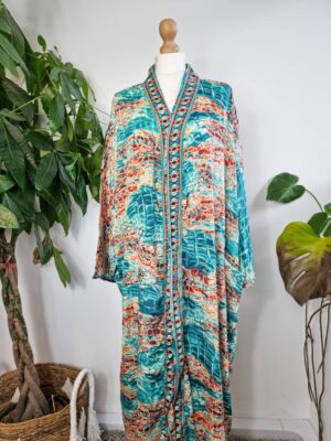 New Silk Sari Kimono in shade Aqua Ocean Green Orange - Image 5