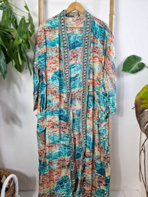 New Silk Sari Kimono in shade Aqua Ocean Green Orange - Image 7