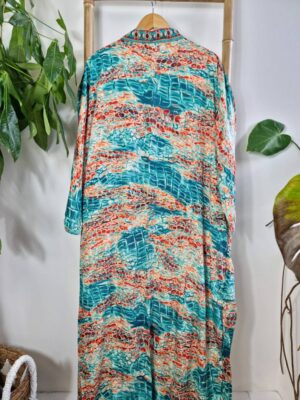 New Silk Sari Kimono in shade Aqua Ocean Green Orange - Image 9
