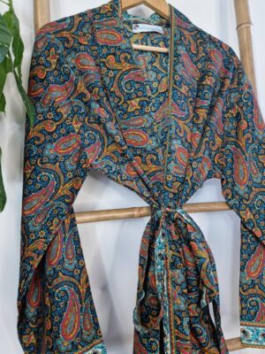 Men's Silk Boho Kimonos Man House Beach Artist Robe Multicolour Blue Paisley Orange Fire Tribal Nomad King | Gift Husband Lover Graduation - Image 2