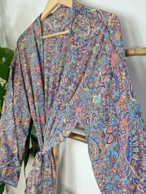 New Silk Sari Kimono in shade of Royal Ocean Blue Peach Cream - Image 2