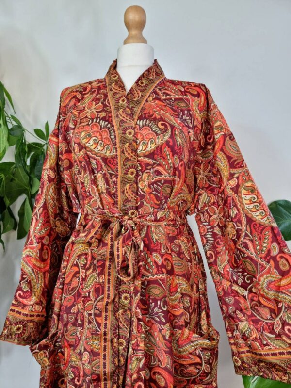 New Silk Sari Boho Kimono Regal House Robe Luxury Lounge Flowy Night Gown | Regal Red Passion Orange Paisley | Floral Romance Duster Coverup