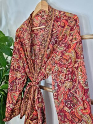 New Silk Sari Boho Kimono Regal House Robe Luxury Lounge Flowy Night Gown | Regal Red Passion Orange Paisley | Floral Romance Duster Coverup - Image 2
