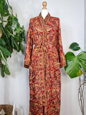 New Silk Sari Boho Kimono Regal House Robe Luxury Lounge Flowy Night Gown | Regal Red Passion Orange Paisley | Floral Romance Duster Coverup - Image 3