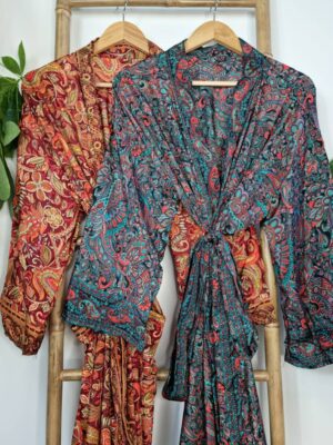 New Silk Sari Boho Kimono Regal House Robe Luxury Lounge Flowy Night Gown | Regal Red Passion Orange Paisley | Floral Romance Duster Coverup - Image 4