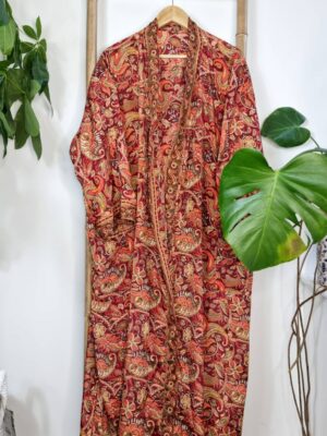New Silk Sari Boho Kimono Regal House Robe Luxury Lounge Flowy Night Gown | Regal Red Passion Orange Paisley | Floral Romance Duster Coverup - Image 5