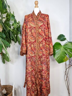 New Silk Sari Boho Kimono Regal House Robe Luxury Lounge Flowy Night Gown | Regal Red Passion Orange Paisley | Floral Romance Duster Coverup - Image 7