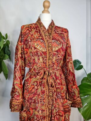 New Silk Sari Boho Kimono Regal House Robe Luxury Lounge Flowy Night Gown | Regal Red Passion Orange Paisley | Floral Romance Duster Coverup - Image 8