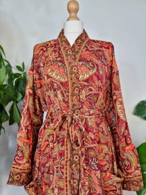 New Silk Sari Boho Kimono Regal House Robe Luxury Lounge Flowy Night Gown | Regal Red Passion Orange Paisley | Floral Romance Duster Coverup - Image 9