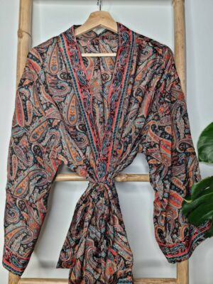 New Silk Sari Boho Kimono Regal House Robe Luxury Lounge Flowy Gown Black Red Orange Blue Paisley Romance Floral Duster Beach Coverup - Image 3