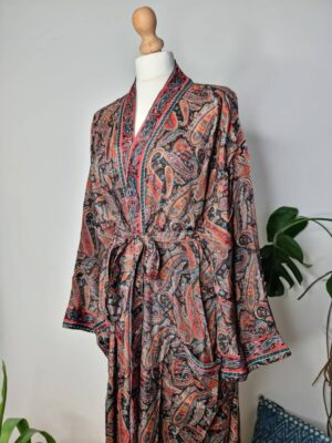 New Silk Sari Boho Kimono Regal House Robe Luxury Lounge Flowy Gown Black Red Orange Blue Paisley Romance Floral Duster Beach Coverup - Image 4