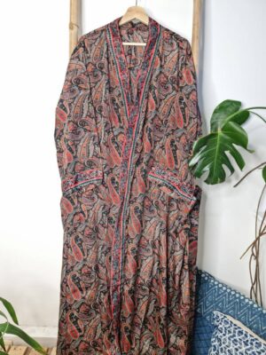 New Silk Sari Boho Kimono Regal House Robe Luxury Lounge Flowy Gown Black Red Orange Blue Paisley Romance Floral Duster Beach Coverup - Image 5