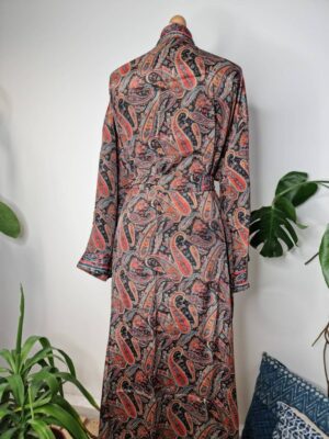New Silk Sari Boho Kimono Regal House Robe Luxury Lounge Flowy Gown Black Red Orange Blue Paisley Romance Floral Duster Beach Coverup - Image 6