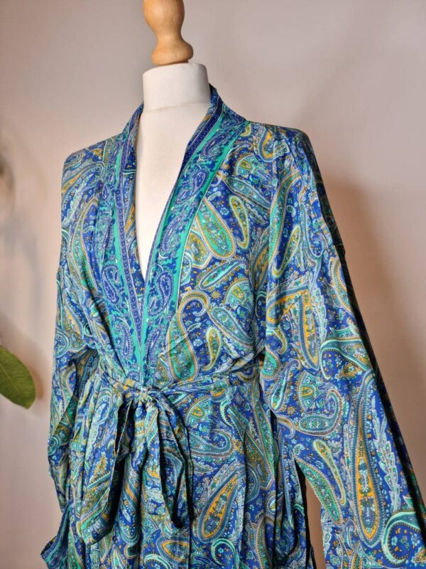 New Silk Sari Boho Kimono Regal House Robe Luxury Lounge Flowy Gown Royal Blue Aqua Paisley Ocean Romance Floral Duster Beach Coverup