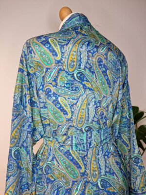 New Silk Sari Boho Kimono Regal House Robe Luxury Lounge Flowy Gown Royal Blue Aqua Paisley Ocean Romance Floral Duster Beach Coverup - Image 2
