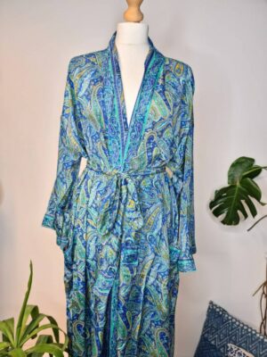 New Silk Sari Boho Kimono Regal House Robe Luxury Lounge Flowy Gown Royal Blue Aqua Paisley Ocean Romance Floral Duster Beach Coverup - Image 3