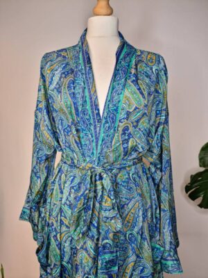 New Silk Sari Boho Kimono Regal House Robe Luxury Lounge Flowy Gown Royal Blue Aqua Paisley Ocean Romance Floral Duster Beach Coverup - Image 4